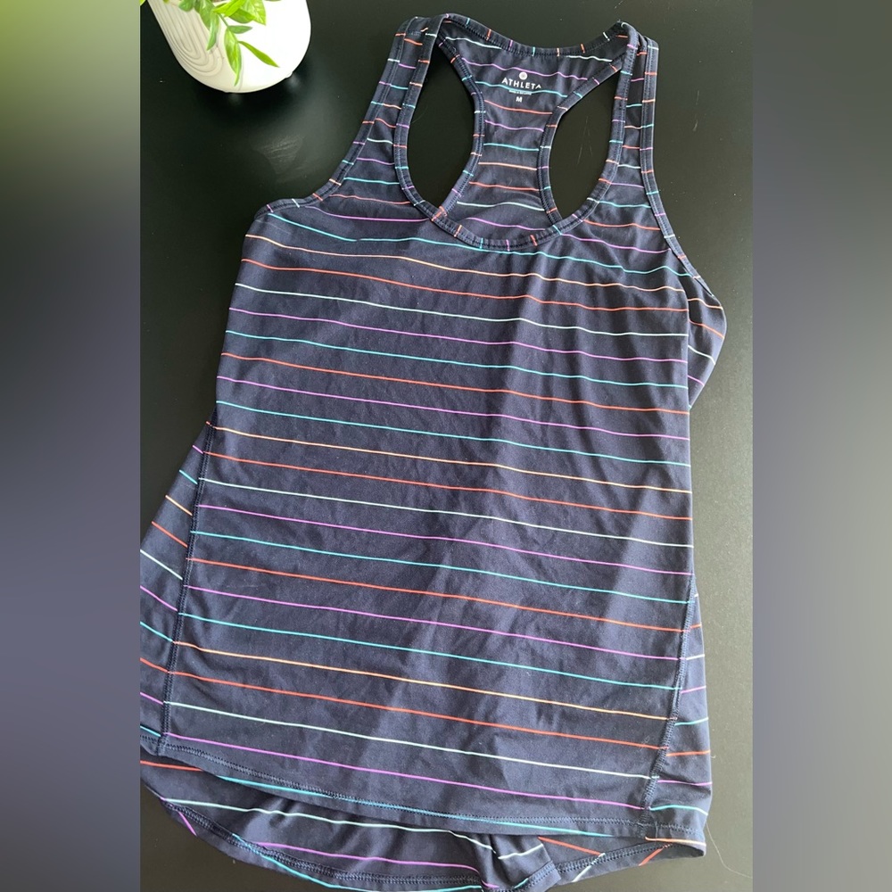 Athleta Women’s Navy Blue Multicolor Striped Stretchy Racerback Tank, Medium EUC